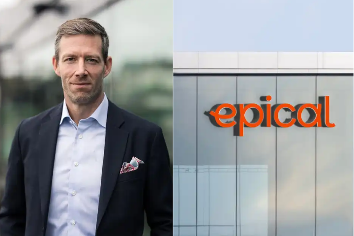 Porträtt av Niklas Thulin i kostym, stående framför en glasfasad (vänster). Till höger syns en byggnad med företagsloggan "Epical" i orange bokstäver på en glasvägg.