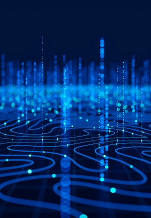 Abstrakt digitalt landskap i blått med lysande datapunkter och vågiga linjer som symboliserar dataflöde och nätverksteknologi.